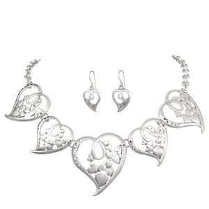 5 Filigree Hearts Silver Necklace Earrings Set